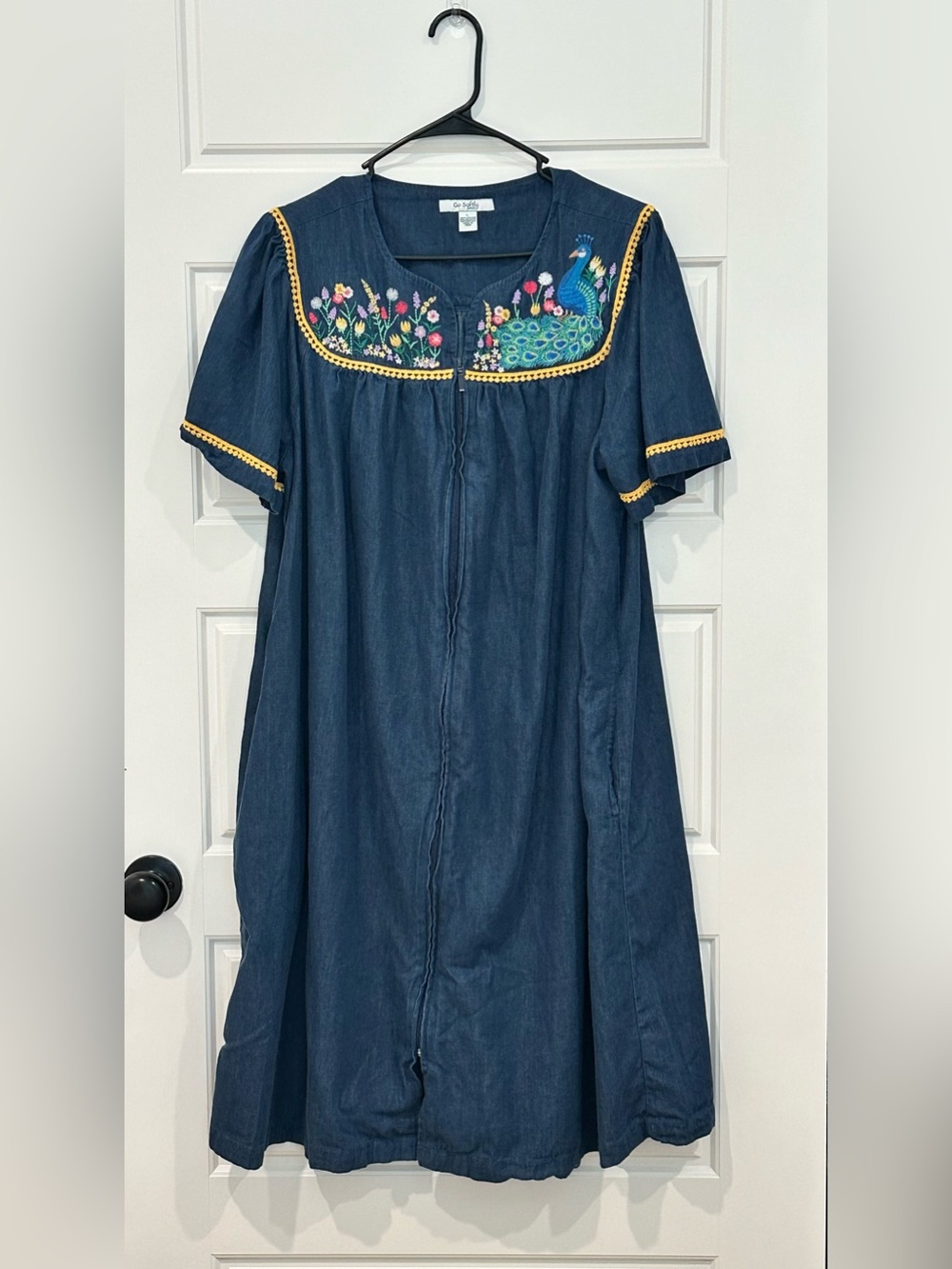 Embroidered Navy 100% cotton lightweight denim Peacoat Dress with Peacock detail